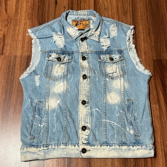 Rolling Paper Sleeveless Heavily Distressed Jean Jacket Rockabilly Vest XL - Picture 2 of 9